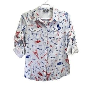 Karl Lagerfeld Womens Multicolor Paris Graphic Print Roll Tab Button-Up Shirt Lg